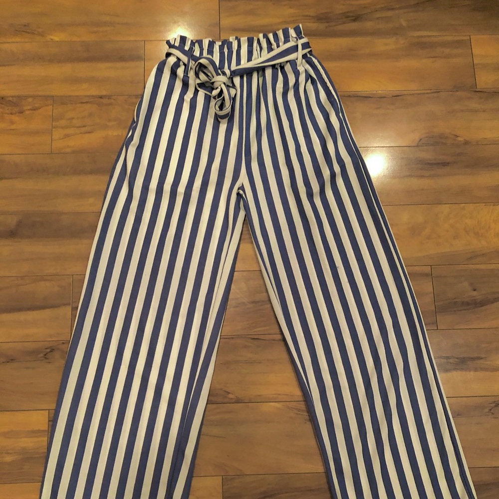 NAVY BLUE STRIPED WIDE LEG LOUNGE PANTS